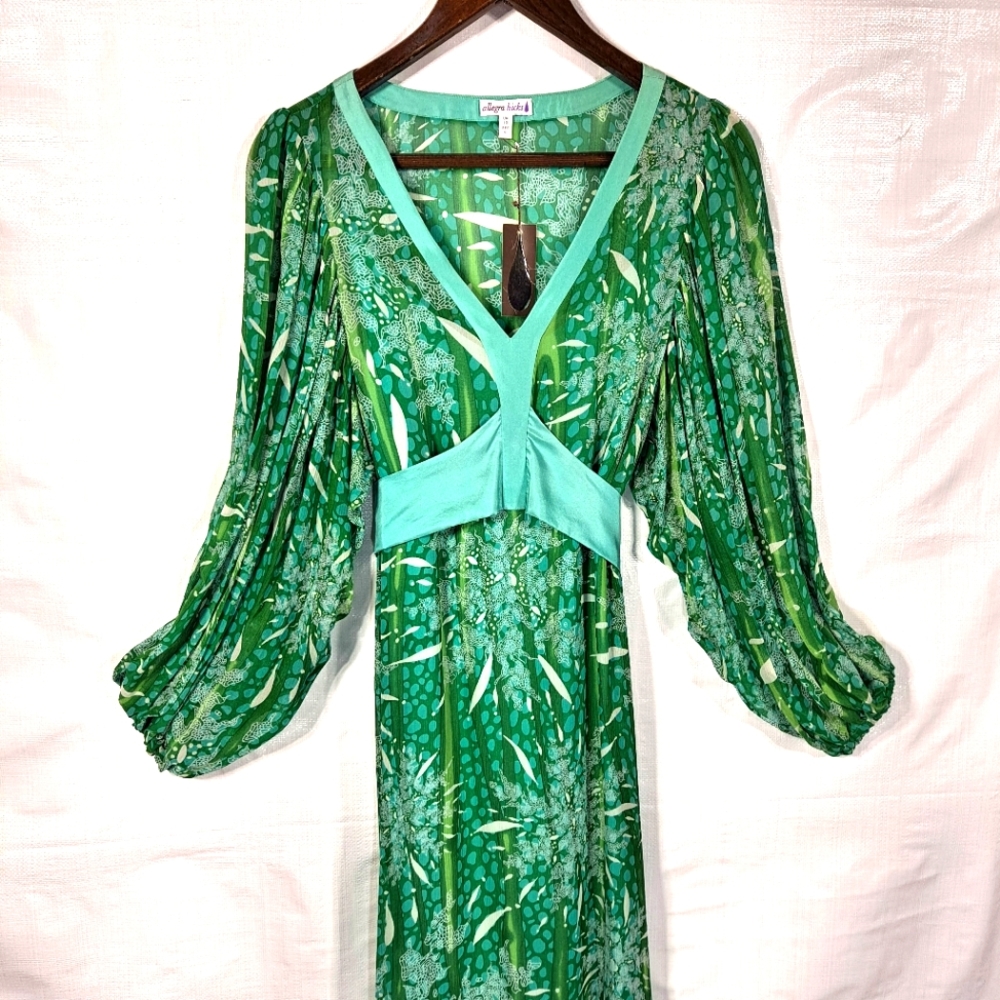 Allegra Hicks Green Georgia Silk Long Sleeve Maxi Dress NWT